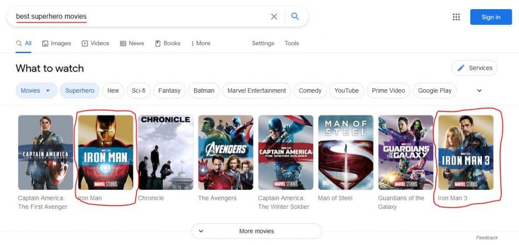 Entity SEO: search intent and NLP in a SERP example for "best superhero movies" (Iron Man)
