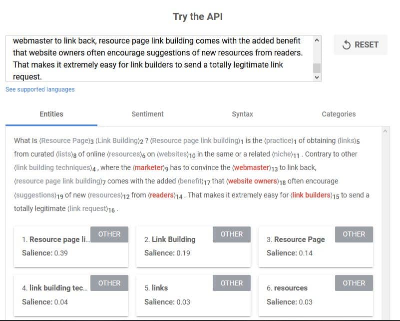 Entity SEO: example of NLP API demo usage with a portion of text