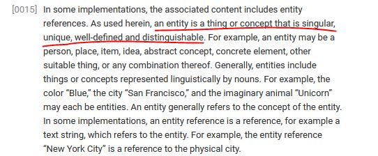 Entity SEO: screenshot of portion of text describing entites in the Google patent