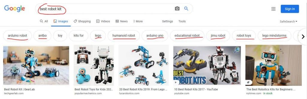 Entity SEO: Google Images example returning entities for the search "best robot kit"