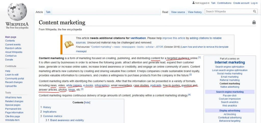 Entity SEO: example of Wikipedia page to analyze: Content Marketing