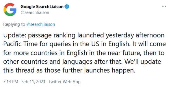 Passage Indexing: Tweet by Google