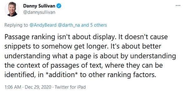 Passage Indexing: Tweet by Danny Sullivan at Google