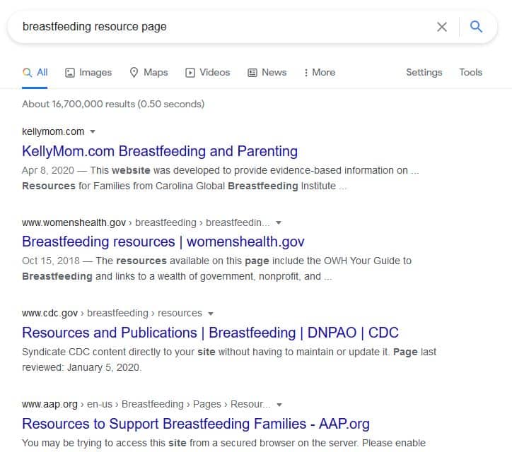 Resource Page Link Building: Example search for breastfeeding resource pages