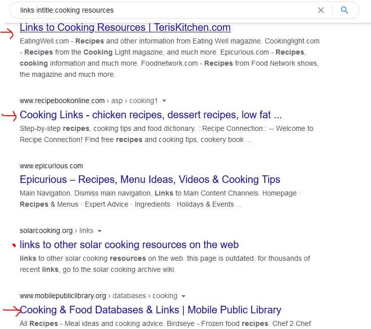 Resource Page Link Building: Example search for cooking resources
