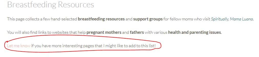 Resource Page Link Building: Example of webmaster encouraging link submission