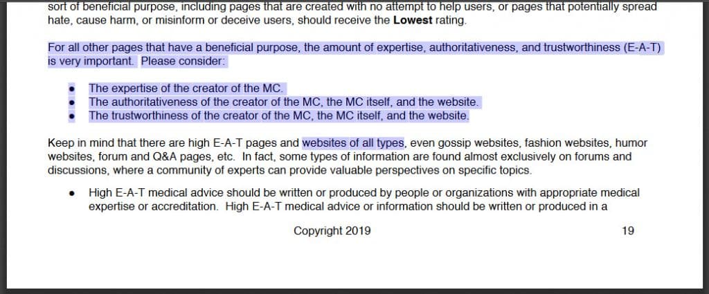 Screenshot: Quality Raters Guidelines 2019 mentioning E-A-T