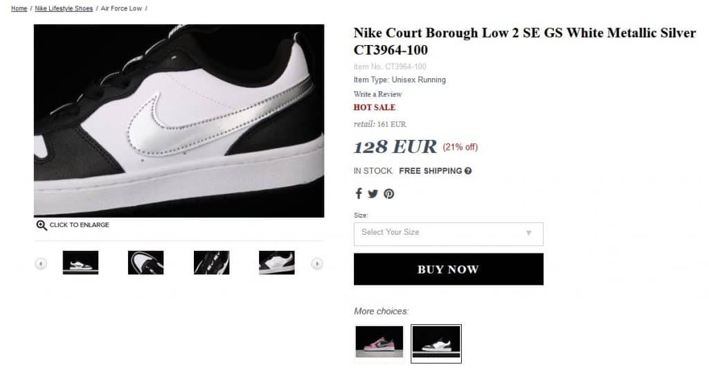 Thin content: example of ecommerce item without description